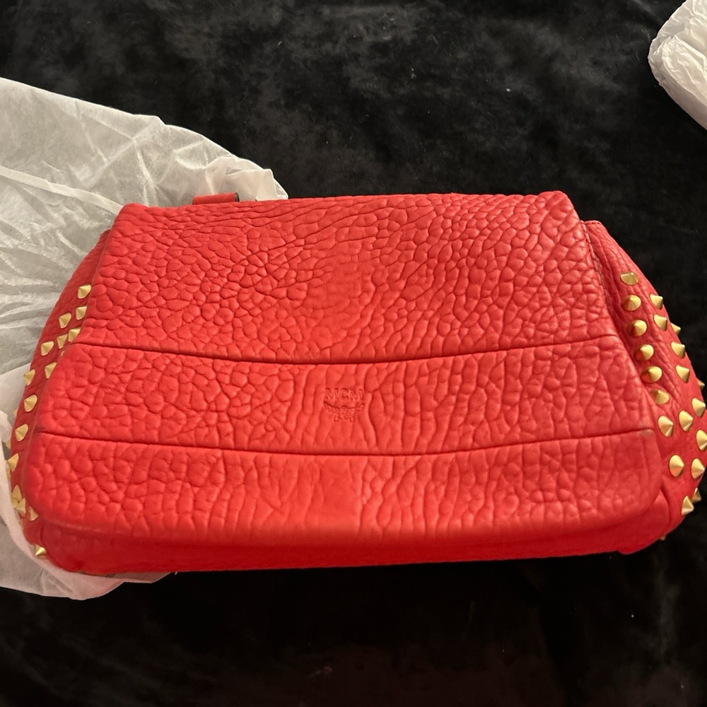 MCM pebbled leather oversized  Clutch with Gold Studs